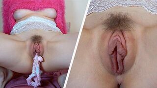 Teen is stuffing panties inside puffy pussy to soak all pussy juices while bored at home alone - porn video